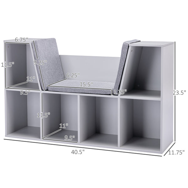 English Elm 6-Cubby Kids Bookcase with Cushioned Reading Nook, Spacious Toy & Book Organizer Bench for Playroom and Bedroom Gray W2225141969