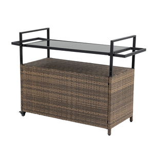 English Elm Outdoor Wicker Bar Cart - Rolling Rattan Beverage Trolley with Tempered Glass Top, Wheels, Storage (Light Brown) W640141441