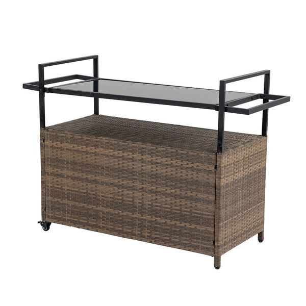 English Elm Outdoor Wicker Bar Cart - Rolling Rattan Beverage Trolley with Tempered Glass Top, Wheels, Storage (Light Brown) W640141441