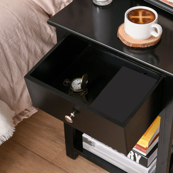 English Elm Side Table Farmhouse End Table with X-Frame, Drawer & Open Shelf Storage, Durable Engineered Wood Design Black W2225142073