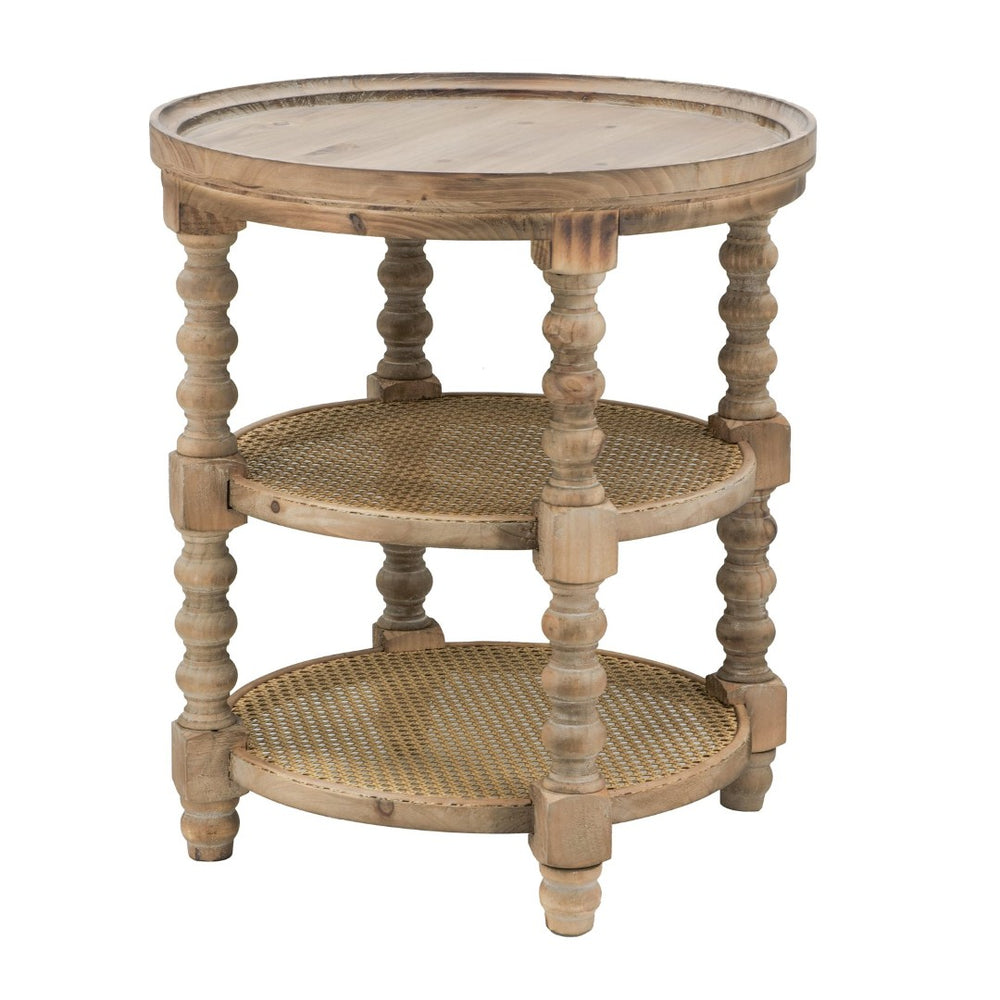 English Elm D23.5 Round Three Tier Side Table Woven Rattan Shelves Fir Wood Farmhouse Brown W2078141934