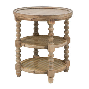 English Elm D23.5 Round Three Tier Side Table Woven Rattan Shelves Fir Wood Farmhouse Brown W2078141934
