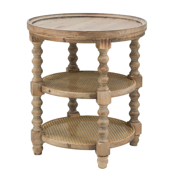 English Elm D23.5 Round Three Tier Side Table Woven Rattan Shelves Fir Wood Farmhouse Brown W2078141934