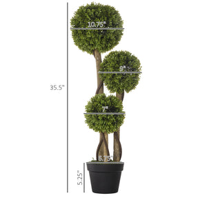 English Elm Artificial Boxwood Topiary Tree in Pot 35.5" Height — Lifelike 3-Ball Faux Plant for Home, Patio W2225142067