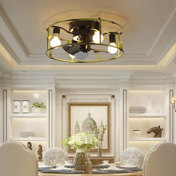 English Elm 19" Green Industrial Ceiling Fan with Light, Flush Mount Rustic Caged 3-Blade DC Fan with Remote, 6-Speed Silent Reversible Motor, 4-Bulb Compatible, Preassembled, Timer Functions W1340137045