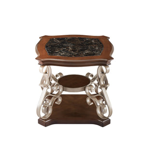 English Elm End Table with Marble Effect Top Birch Shelf and Ornate Serpentine Metal Legs W1708135330