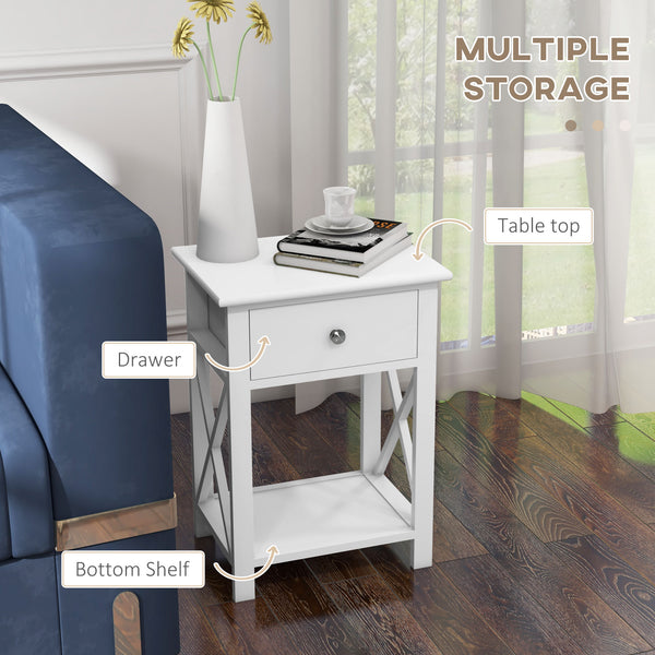 English Elm Side Table Farmhouse End Table with X-Frame, Drawer & Open Shelf Storage, Durable Engineered Wood Design White W2225142074