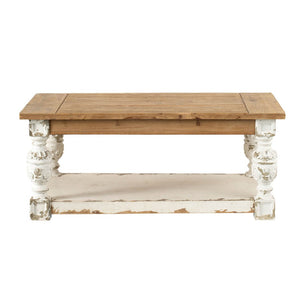 English Elm 47" Whitewash Fir Wood Coffee Table with Open Shelf French Country Living Room W2078141933