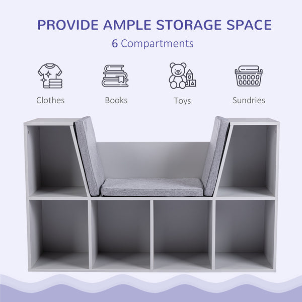 English Elm 6-Cubby Kids Bookcase with Cushioned Reading Nook, Spacious Toy & Book Organizer Bench for Playroom and Bedroom Gray W2225141969