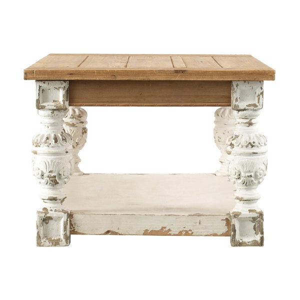 English Elm 47" Whitewash Fir Wood Coffee Table with Open Shelf French Country Living Room W2078141933