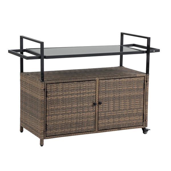 English Elm Outdoor Wicker Bar Cart - Rolling Rattan Beverage Trolley with Tempered Glass Top, Wheels, Storage (Light Brown) W640141441