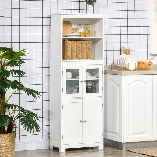 English Elm 63" Small Buffet with Hutch – Compact 4-Door Pantry Cabinet, Adjustable Shelves, Anti-Tip, White MDF Chic W2225142081
