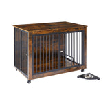 English Elm Furniture Style Dog Crate Side Table With Rotatable Feeding Bowl, Wheels, Three Doors, Flip-Up Top Opening. Indoor, Rustic Brown, 43.7"W X 30"D X 33.7"H