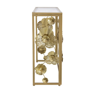 English Elm 39.5" Gold Iron Console Table Mirrored Top Floral Scrollwork Slim Entryway Foyer W2078141937