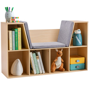 English Elm 6-Cubby Kids Bookcase with Cushioned Reading Nook, Spacious Toy & Book Organizer Bench for Playroom and Bedroom Natural W2225141970