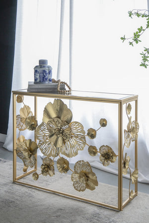 English Elm 39.5" Gold Iron Console Table Mirrored Top Floral Scrollwork Slim Entryway Foyer W2078141937