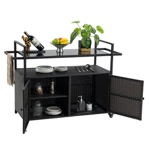 English Elm Outdoor Wicker Bar Cart with Glass Top — Rolling Rattan Beverage Trolley, Weatherproof Patio Server, Black W640140573