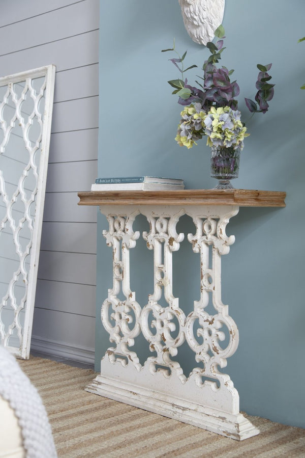 English Elm 32" Whitewashed Iron Scrollwork Console Table Warm Fir Top Narrow Entryway Accent W2078141935