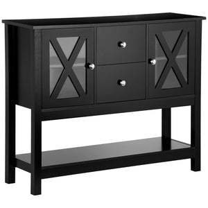 English Elm Coffee Bar Cabinet with Tempered Glass X-Door, Farmhouse Sideboard Buffet with Drawers & Adjustable Shelf Black W2225142082