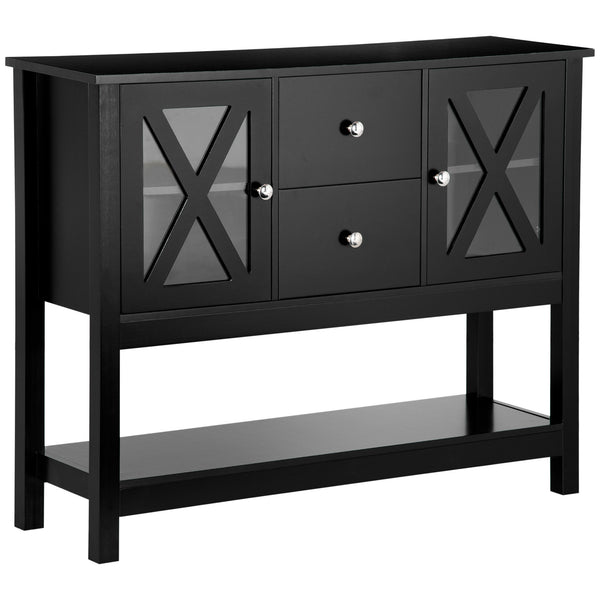 English Elm Coffee Bar Cabinet with Tempered Glass X-Door, Farmhouse Sideboard Buffet with Drawers & Adjustable Shelf Black W2225142082