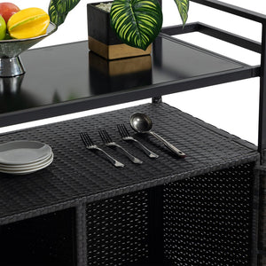 English Elm Outdoor Wicker Bar Cart with Glass Top — Rolling Rattan Beverage Trolley, Weatherproof Patio Server, Black W640140573