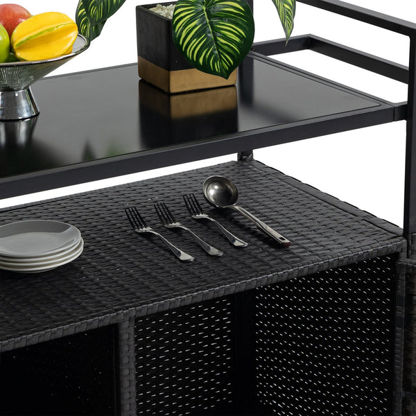 English Elm Outdoor Wicker Bar Cart with Glass Top — Rolling Rattan Beverage Trolley, Weatherproof Patio Server, Black W640140573