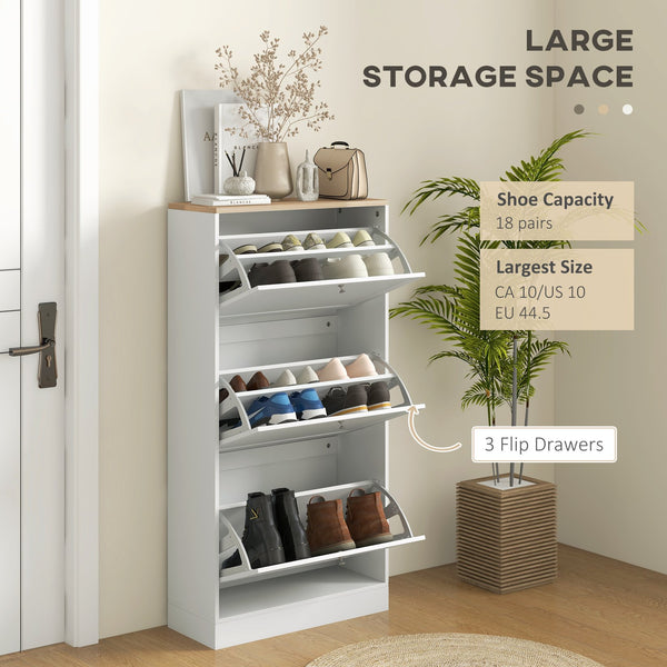 English Elm HOMCOM Slim Entryway Shoe Cabinet with 3 Flip Doors, Adjustable 2-Level Shelves, Holds 18 Pairs White W2225142090