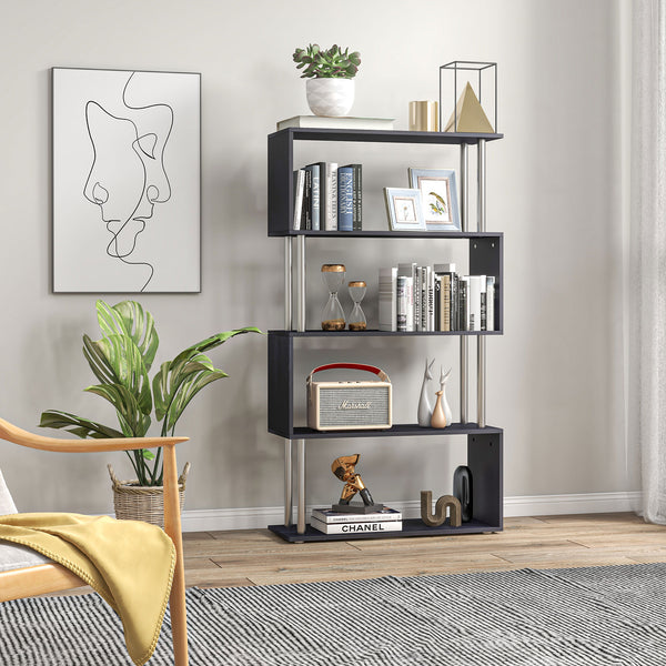 English Elm Modern S-Shaped 5 Tier Bookcase Room Divider - Black Metal & Wood Shelf, Stylish Storage Solution W2225142056