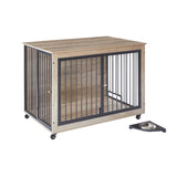 English Elm Furniture Style Dog Crate Side Table With Rotatable Feeding Bowl, Wheels, Three Doors, Flip-Up Top Opening. Indoor, Grey, 43.7"W X 30"D X 33.7"H