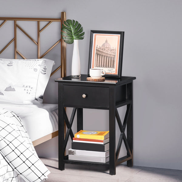 English Elm Side Table Farmhouse End Table with X-Frame, Drawer & Open Shelf Storage, Durable Engineered Wood Design Black W2225142073