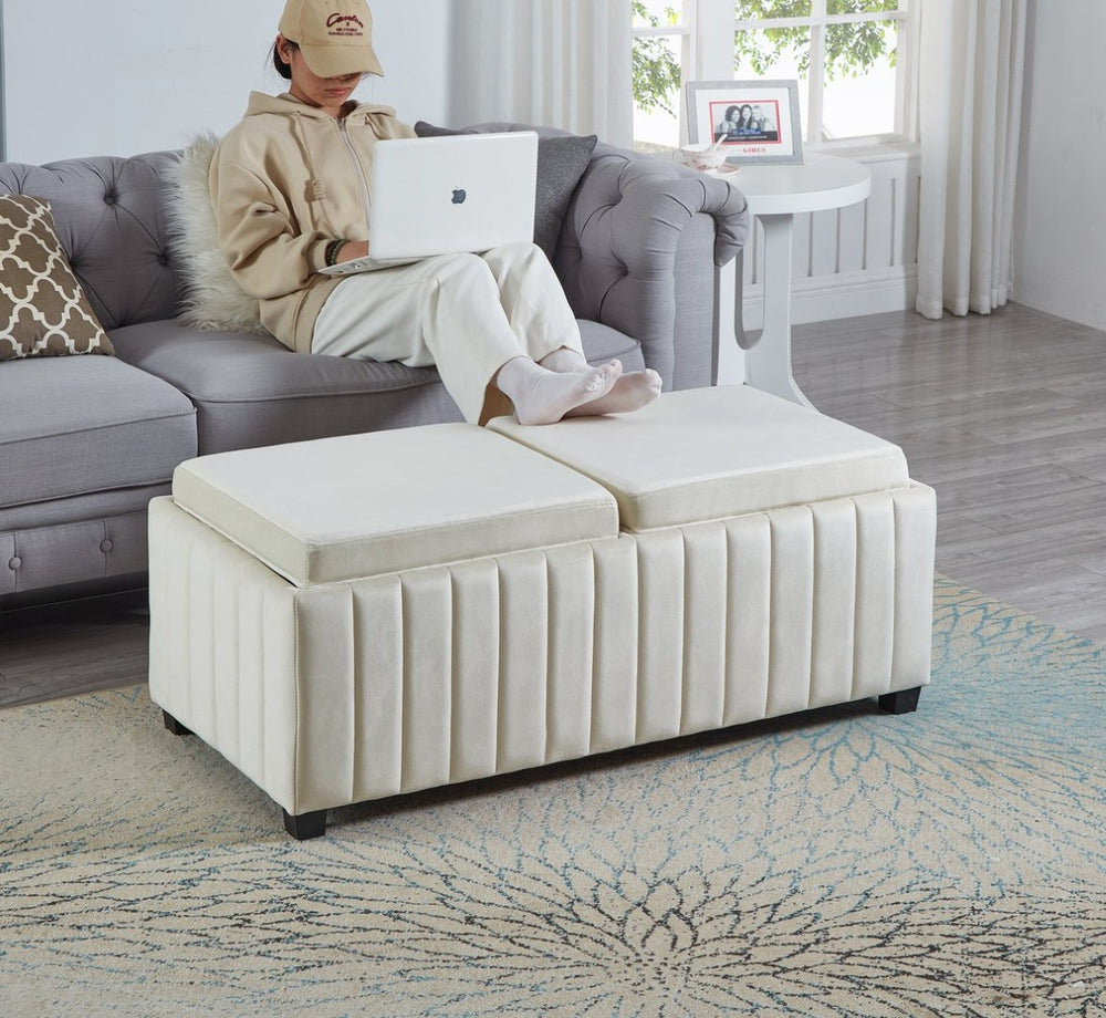 English Elm 45 Inch Velvet Storage Ottoman Bench with Tray Top for Living Room or Bedroom W2082130361