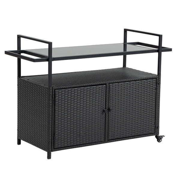 English Elm Outdoor Wicker Bar Cart with Glass Top — Rolling Rattan Beverage Trolley, Weatherproof Patio Server, Black W640140573