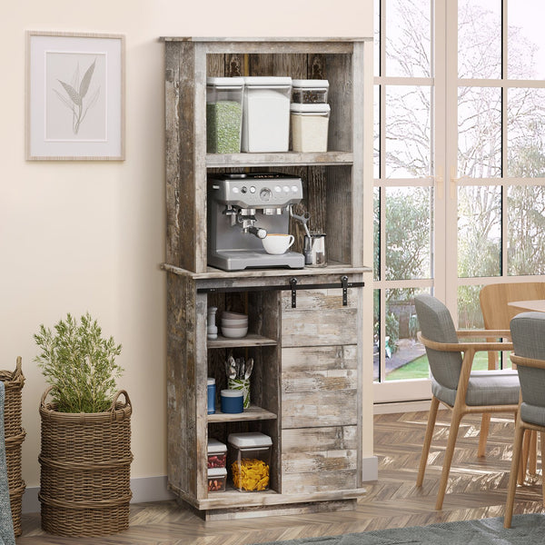 English Elm Freestanding Rustic Kitchen Buffet with Hutch and Sliding Barn Door Pantry, 5-Tier Adjustable Storage, Vintage Wood W2225142091