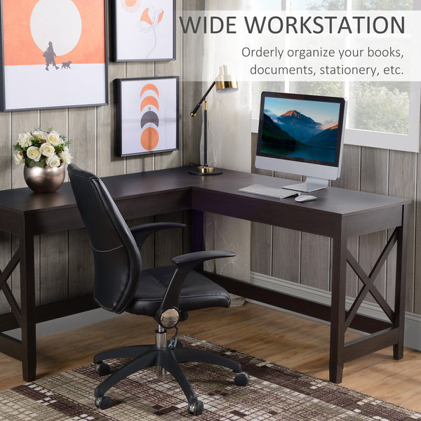 English Elm 57" L-Shaped Corner Desk with X-Frame, 57" Wide Compact Home Office Workstation, Brown Finish W2225142088