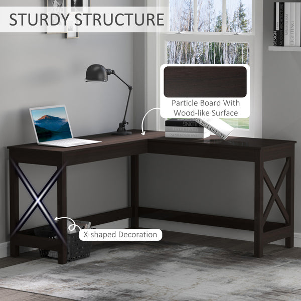 English Elm 57" L-Shaped Corner Desk with X-Frame, 57" Wide Compact Home Office Workstation, Brown Finish W2225142088