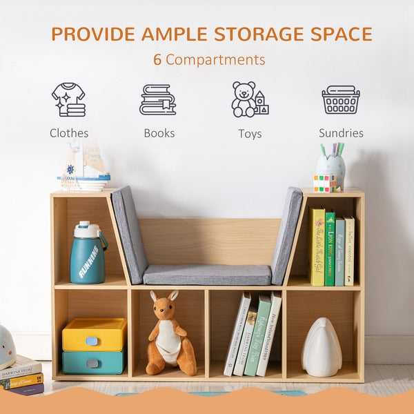 English Elm 6-Cubby Kids Bookcase with Cushioned Reading Nook, Spacious Toy & Book Organizer Bench for Playroom and Bedroom Natural W2225141970