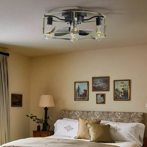 English Elm Flush Mount Ceiling Fans With Lights and Remote Control Green Caged Low Profile Ceiling Fan Modern Metal Ceiling Fanfor Farmhouse Dining Room Bedroom Kitchen Living Room