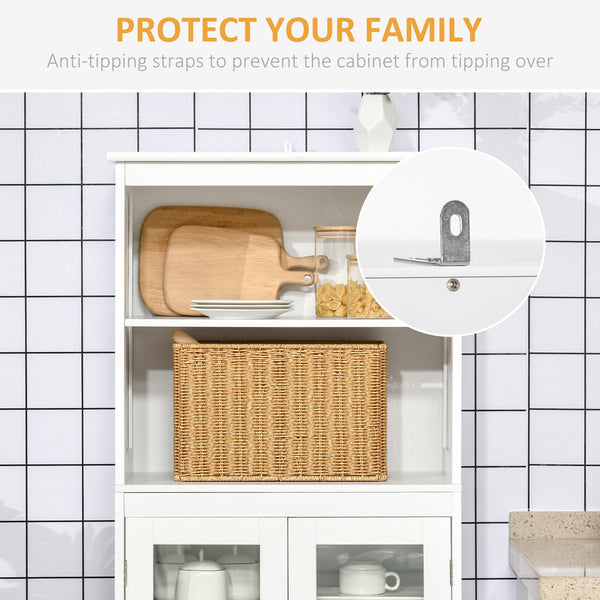 English Elm 63" Small Buffet with Hutch – Compact 4-Door Pantry Cabinet, Adjustable Shelves, Anti-Tip, White MDF Chic W2225142081