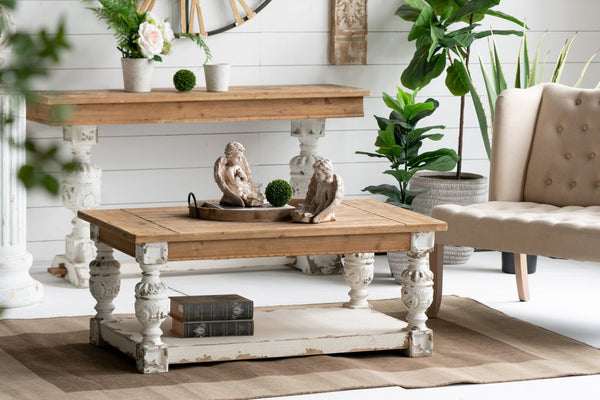 English Elm 47" Whitewash Fir Wood Coffee Table with Open Shelf French Country Living Room W2078141933