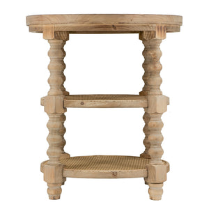 English Elm D23.5 Round Three Tier Side Table Woven Rattan Shelves Fir Wood Farmhouse Brown W2078141934