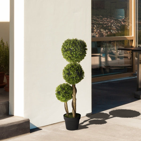 English Elm Artificial Boxwood Topiary Tree in Pot 35.5" Height — Lifelike 3-Ball Faux Plant for Home, Patio W2225142067