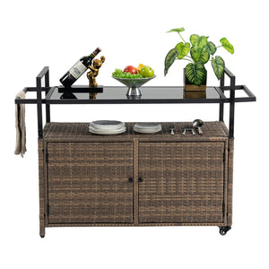 English Elm Outdoor Wicker Bar Cart - Rolling Rattan Beverage Trolley with Tempered Glass Top, Wheels, Storage (Light Brown) W640141441