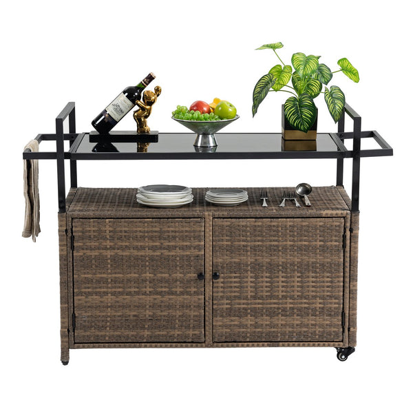 English Elm Outdoor Wicker Bar Cart - Rolling Rattan Beverage Trolley with Tempered Glass Top, Wheels, Storage (Light Brown) W640141441