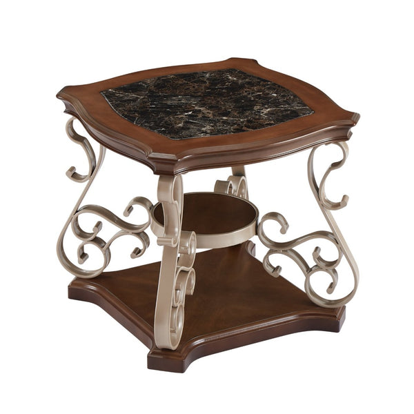 English Elm End Table with Marble Effect Top Birch Shelf and Ornate Serpentine Metal Legs W1708135330
