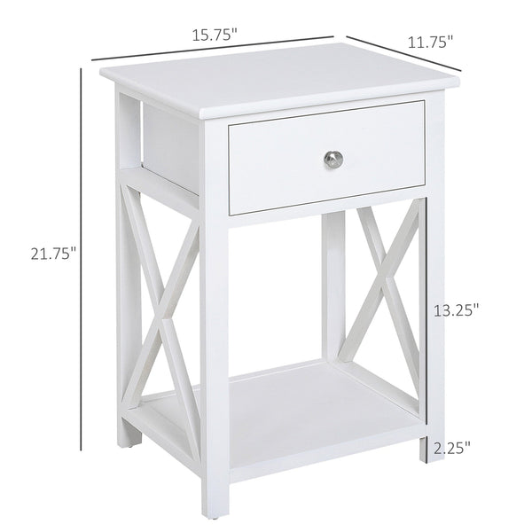 English Elm Side Table Farmhouse End Table with X-Frame, Drawer & Open Shelf Storage, Durable Engineered Wood Design White W2225142074