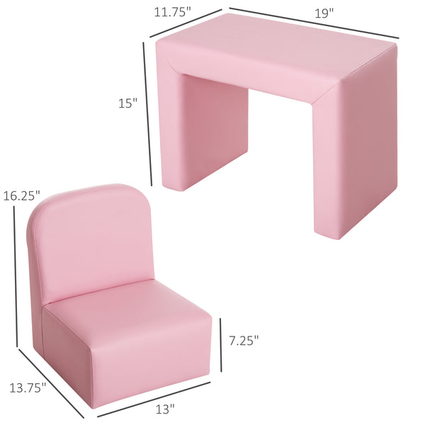 English Elm 2-in-1 Kids Sofa Convertible Table and Chair Set, Pink PVC Upholstered Toddler Armchair, 100lb Capacity, Lightweight Portable Fun W2225142240