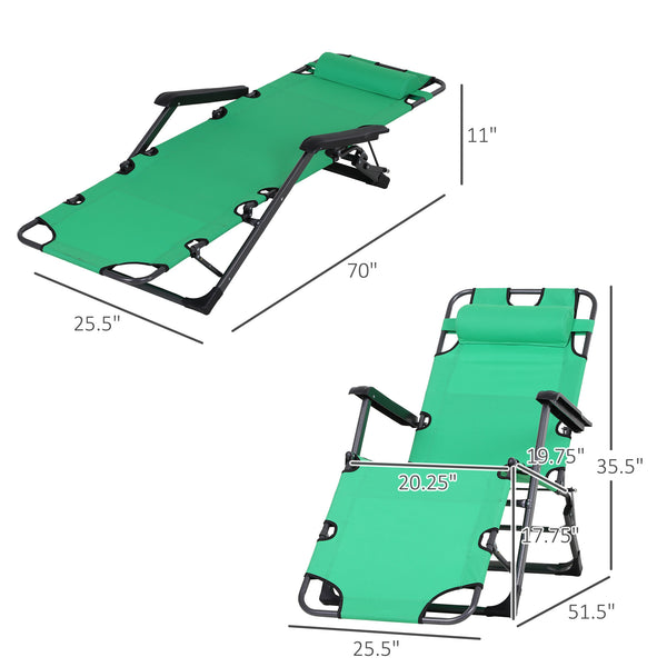 English Elm Tanning Chair with Adjustable 120°–180° Recline, Folding Lightweight Metal Frame, Pillow & Pocket - Portable Outdoor Lounge for Pool, Beach, Camping, Up to 330 lb capacity Green W2225142464