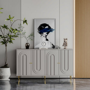 English Elm Accent Sideboard with Fluted Glass Doors Matte Black Lacquer Finish for Dining Entryway Gray W1435133312