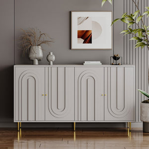 English Elm Accent Sideboard with Fluted Glass Doors Matte Black Lacquer Finish for Dining Entryway Gray W1435133312