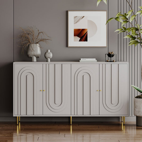 English Elm Accent Sideboard with Fluted Glass Doors Matte Black Lacquer Finish for Dining Entryway Gray W1435133312